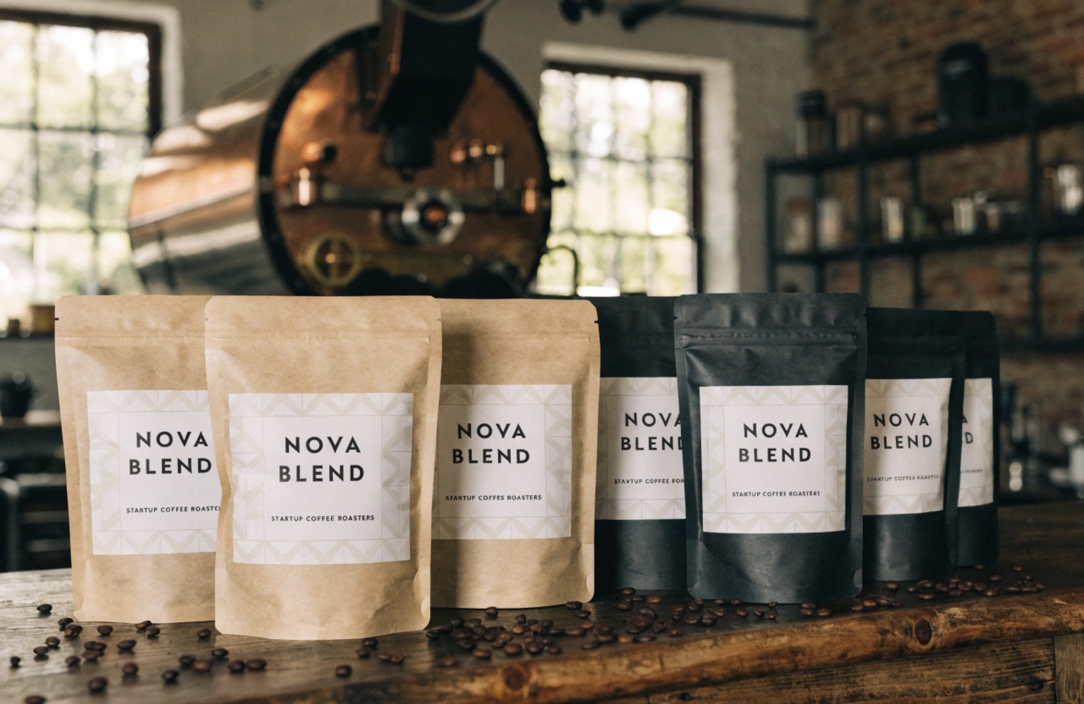 Custom coffee packaging pouches displayed on table in roasting room