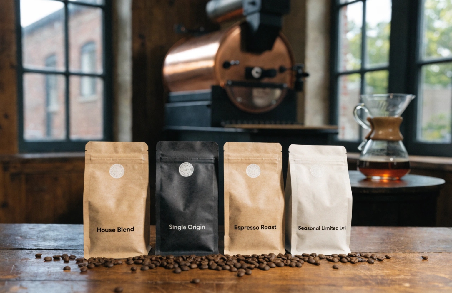 Kraft and flat bottom coffee bags displayed in a roastery