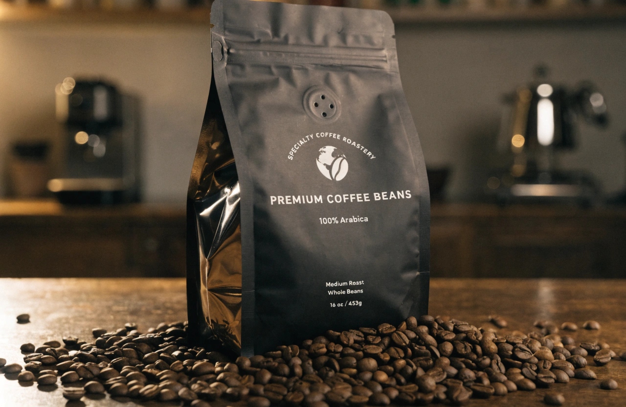 Matte black coffee bean pouch with valve on wooden table