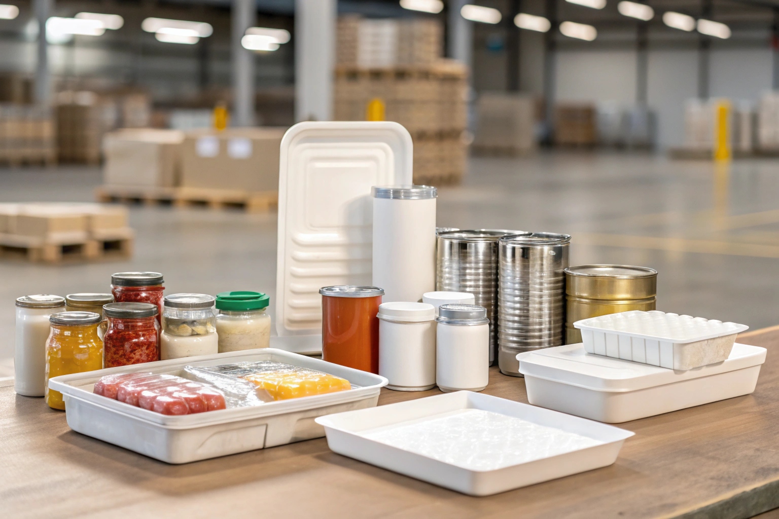Various food packaging containers including trays jars cans and bottles