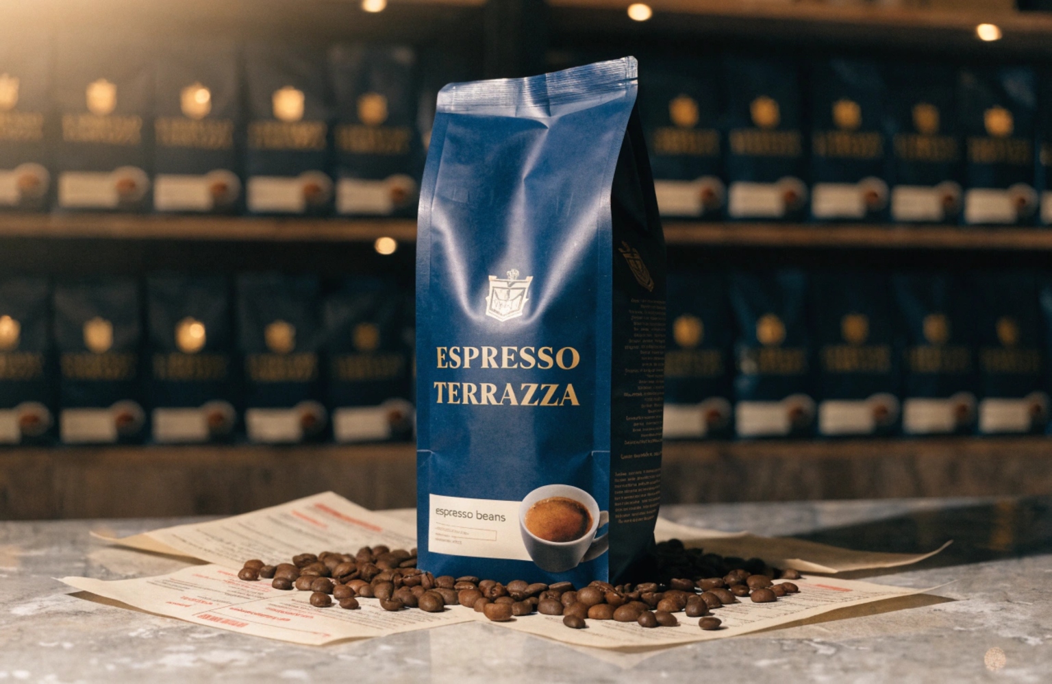 Blue espresso coffee bag with beans displayed in café setting