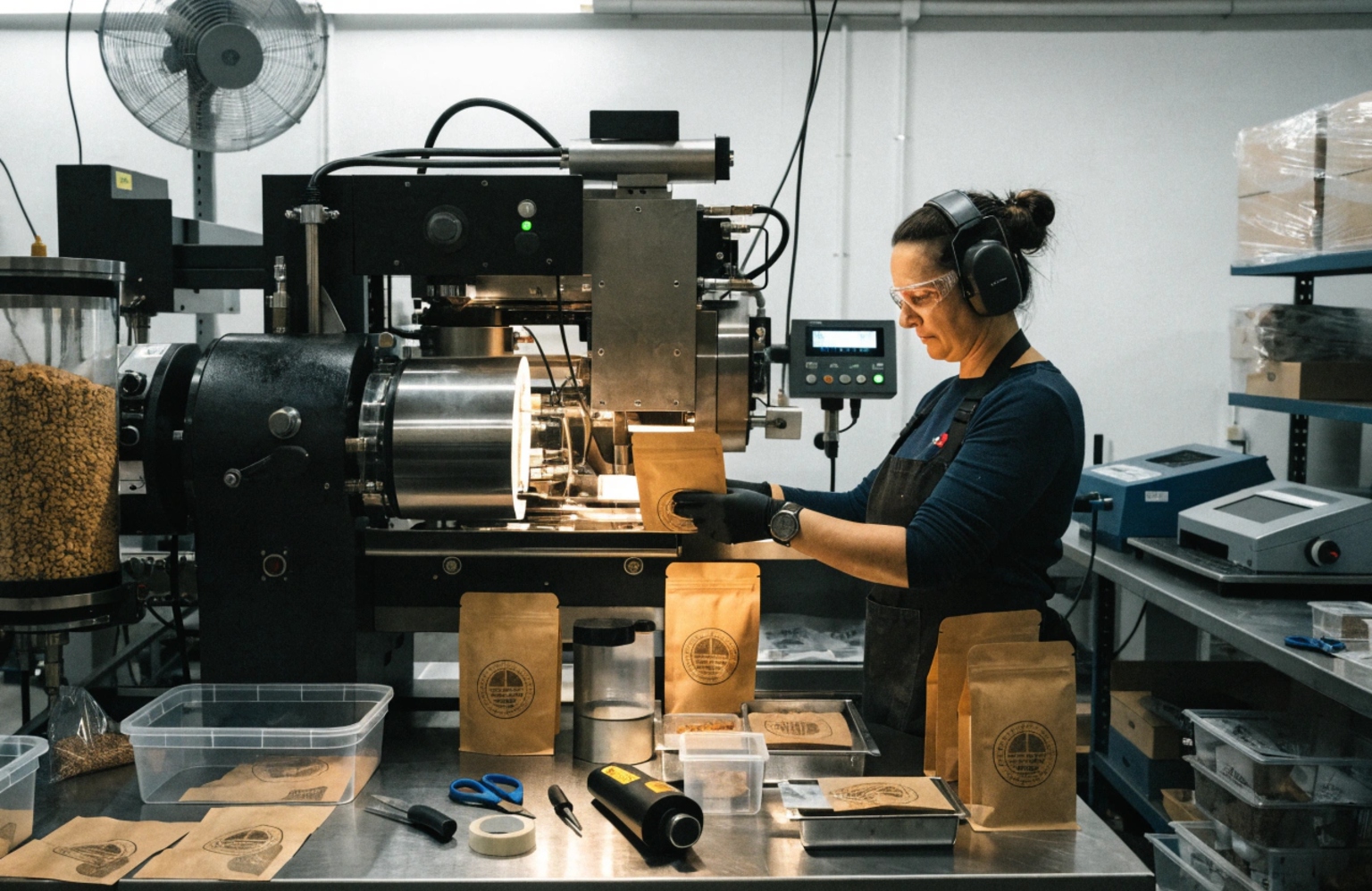 Coffee packaging worker filling kraft pouches in production facility
