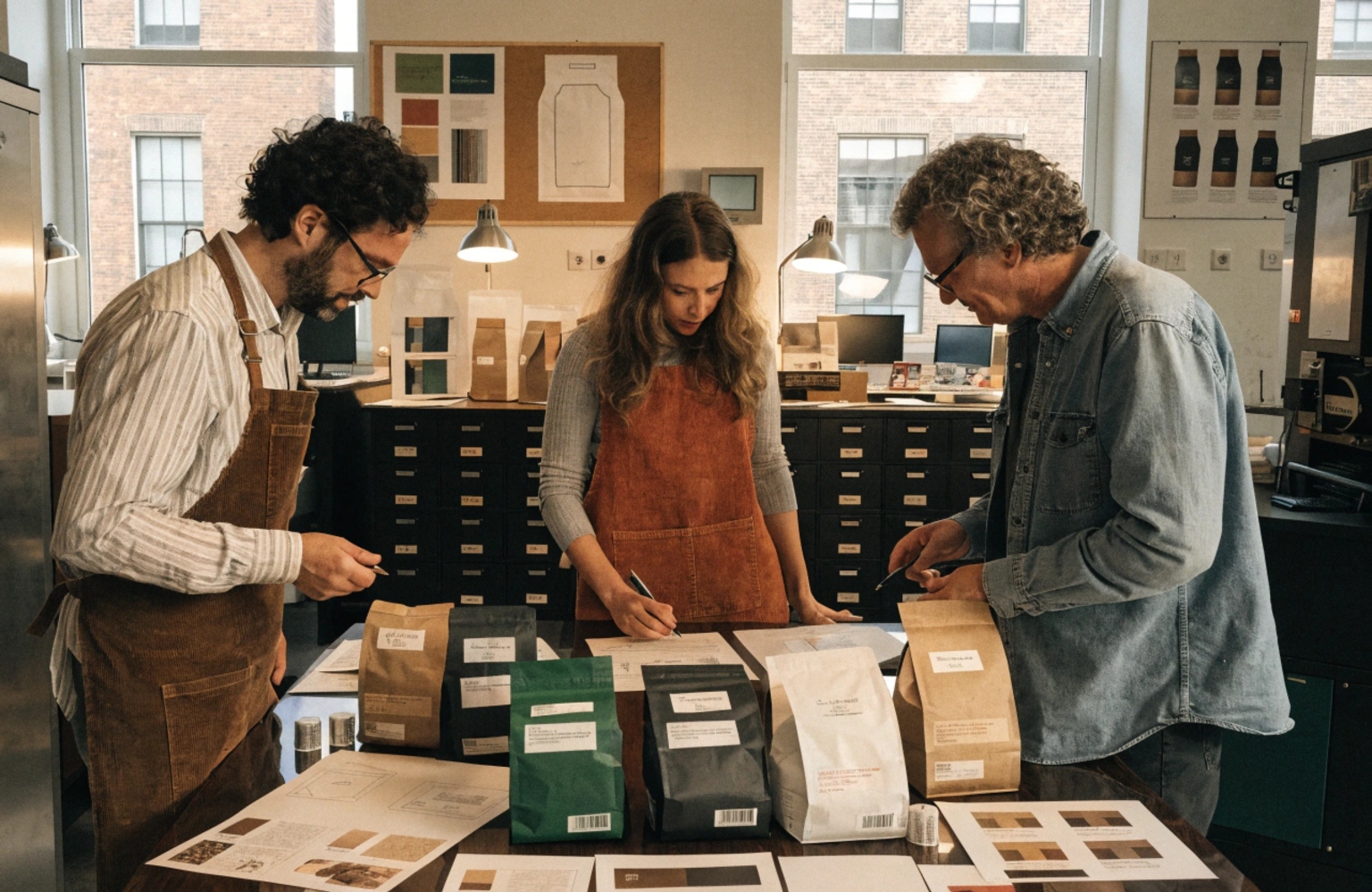Team reviewing custom coffee packaging pouch designs in product development studio