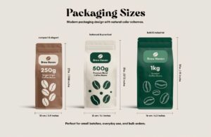 Coffee packaging size comparison with 250g, 500g, and 1kg pouches