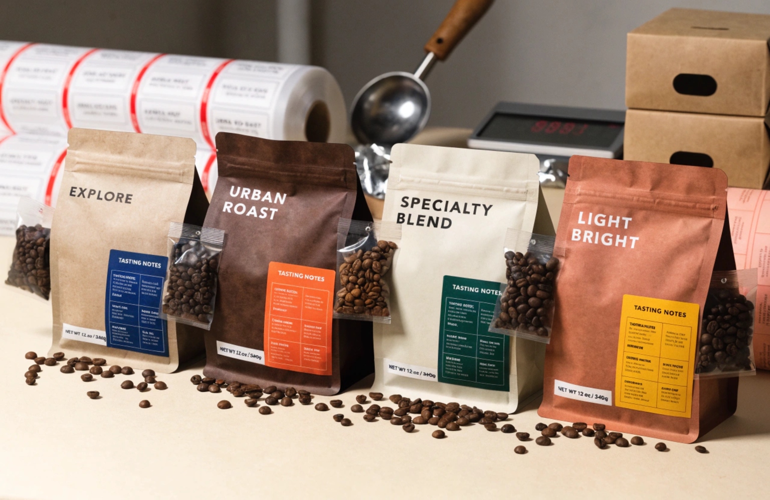 Custom printed coffee pouches with tasting note labels and sample beans