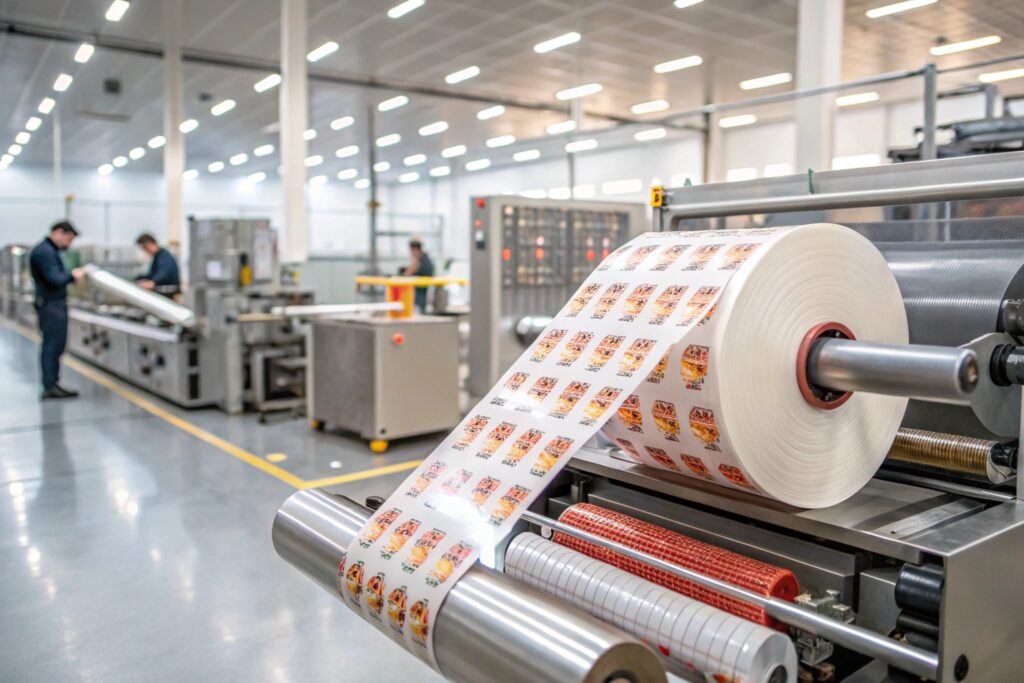 Printed packaging film roll running on industrial flexographic printing machine