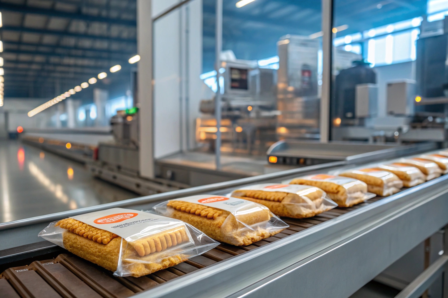 Automated snack packaging conveyor with clear flexible film bags