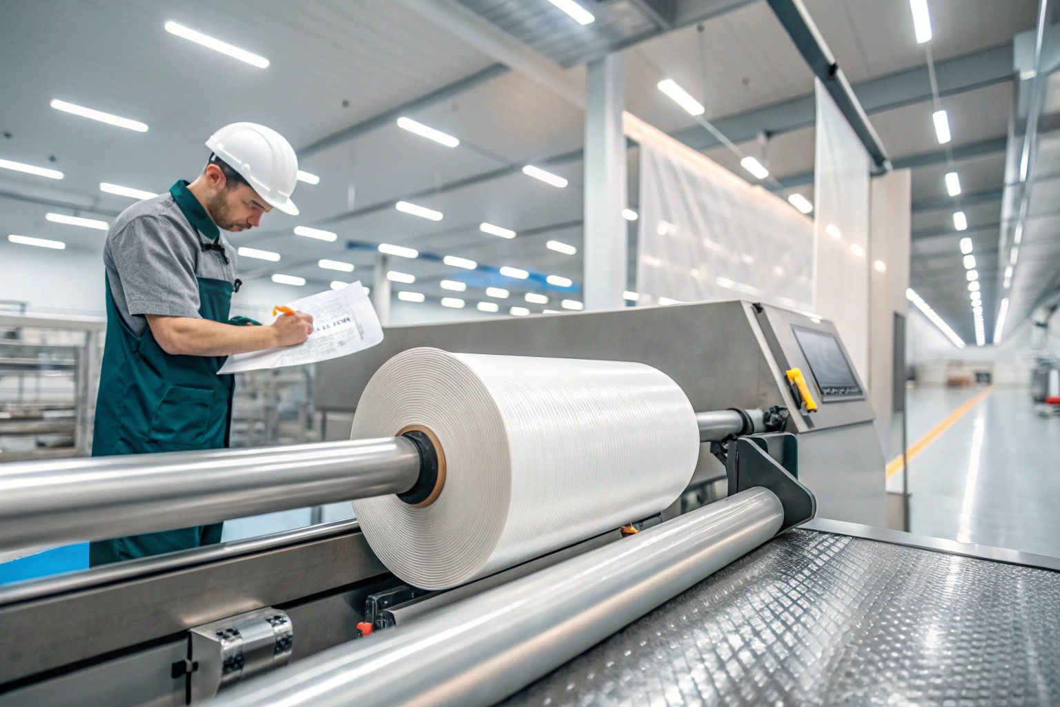 Factory worker inspecting rollstock film on automated packaging production machine