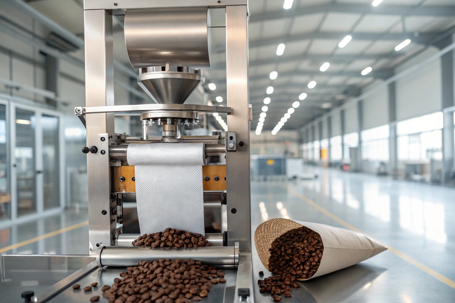 Coffee beans filled through rollstock film packaging machine