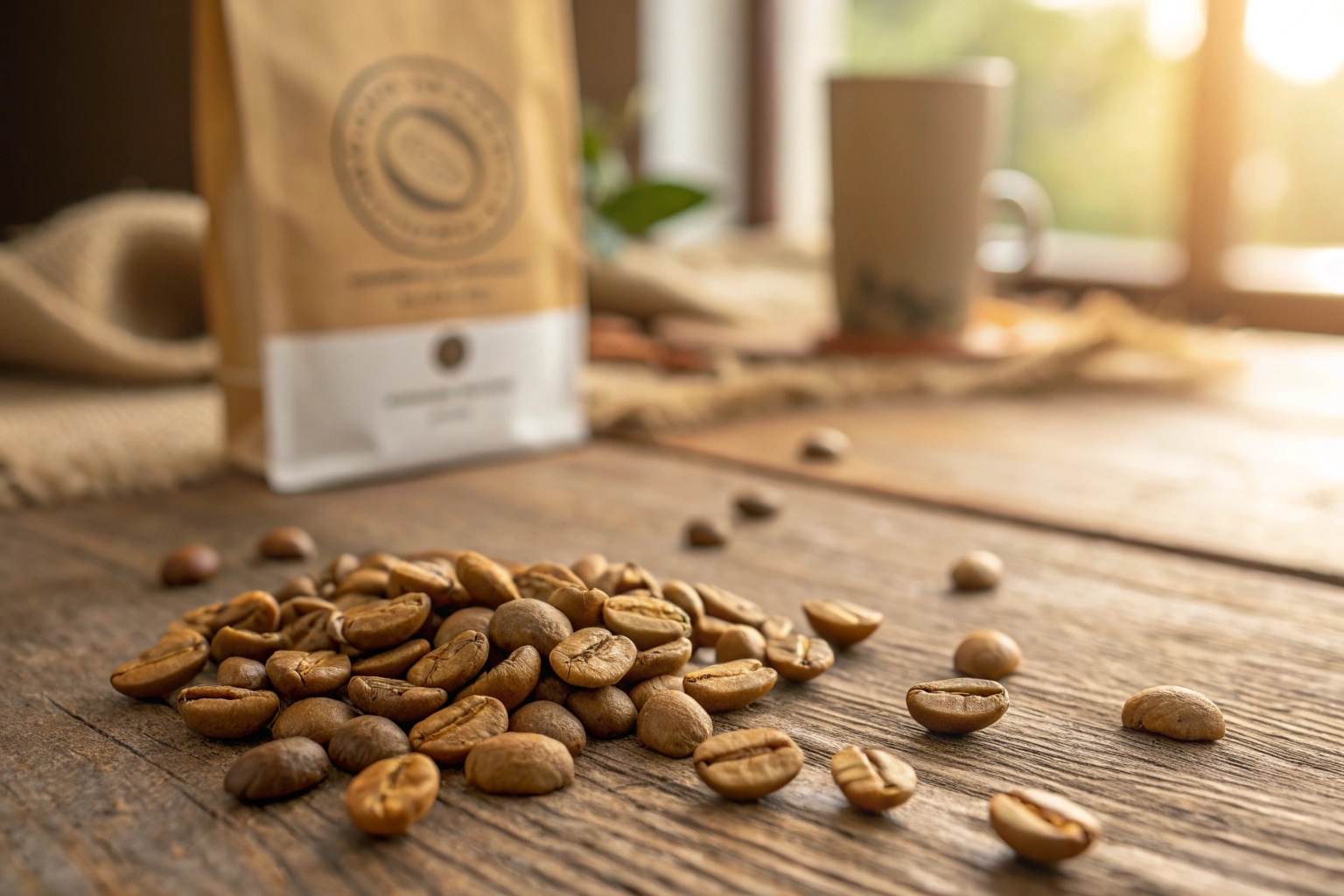 Light roasted coffee beans with pouch and mug on table