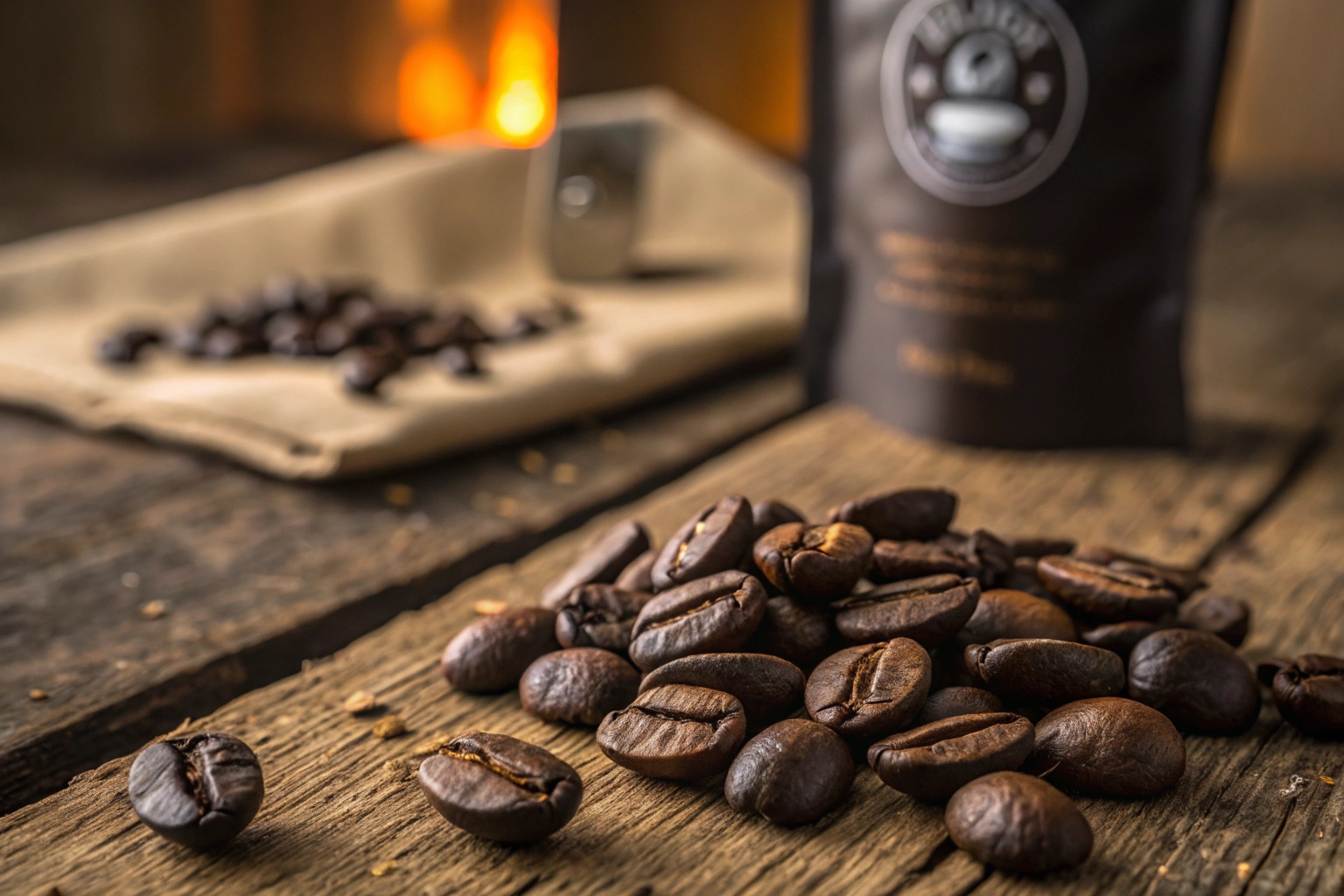 Dark roasted coffee beans with coffee pouch on rustic table