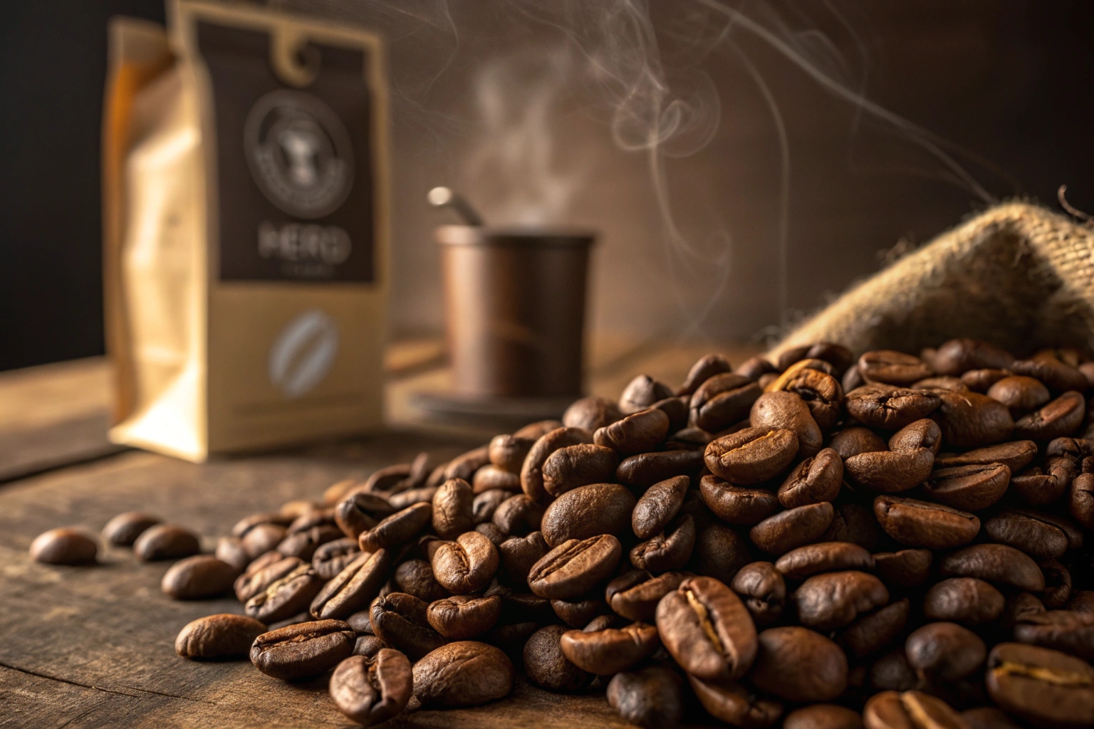 Roasted coffee beans with packaging bag and steaming cup background