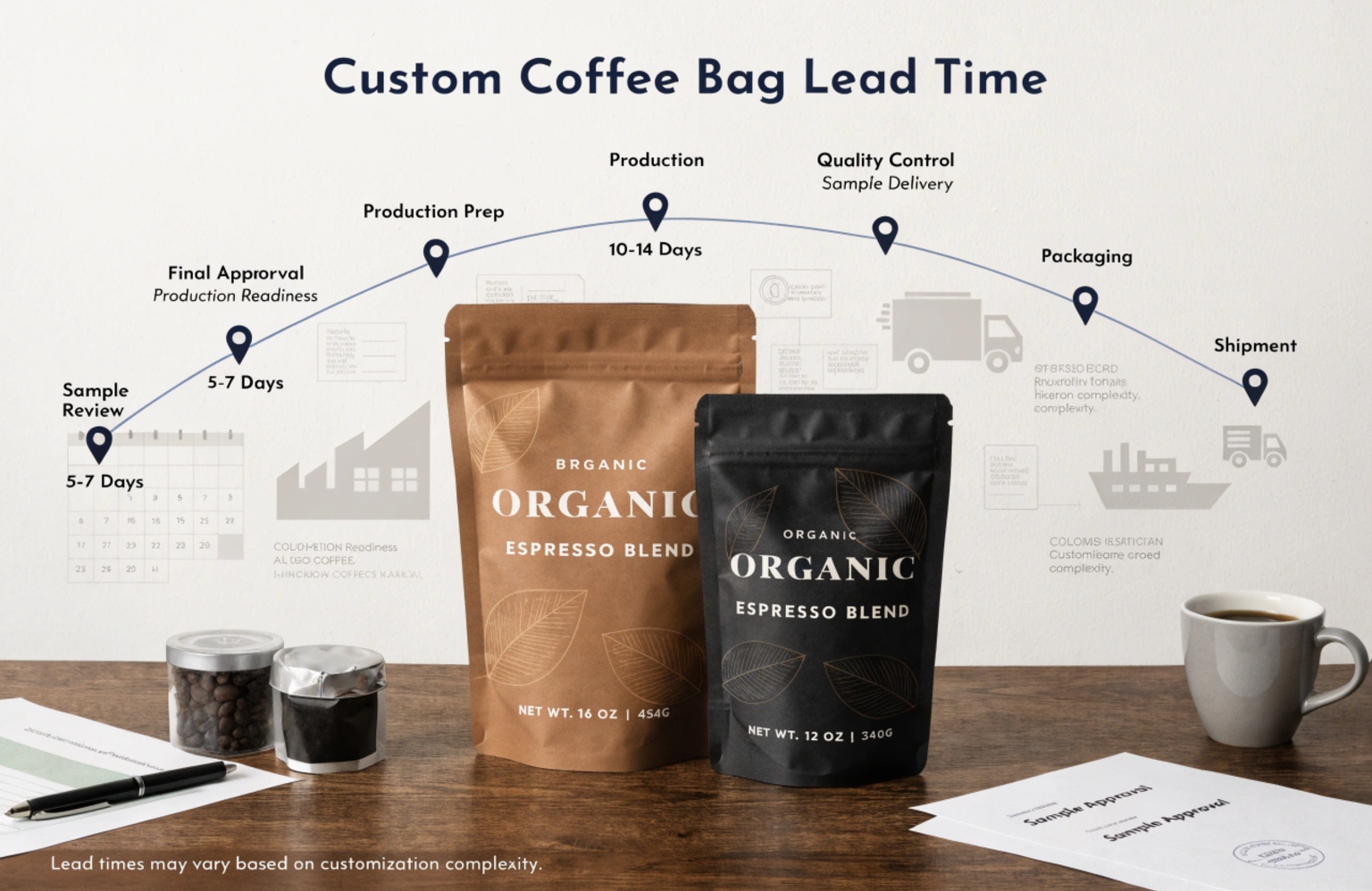 Custom coffee bag lead time infographic with packaging production stages