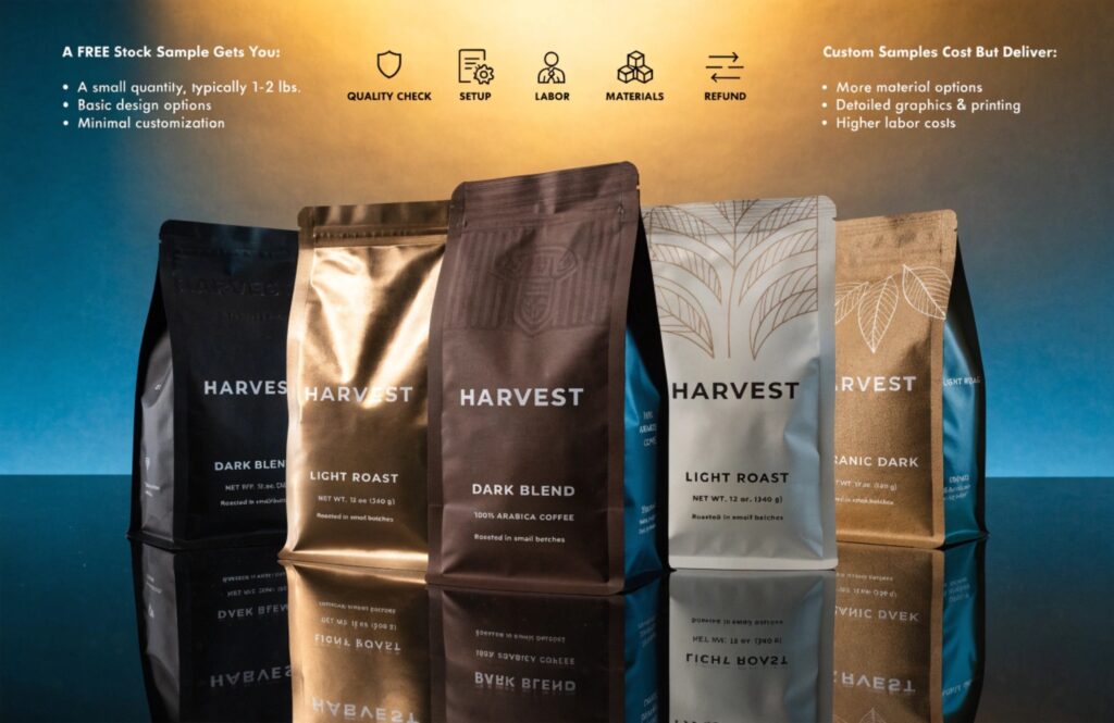 Coffee sample bags comparing free stock samples and custom options