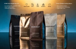 Coffee sample bags comparing free stock samples and custom options