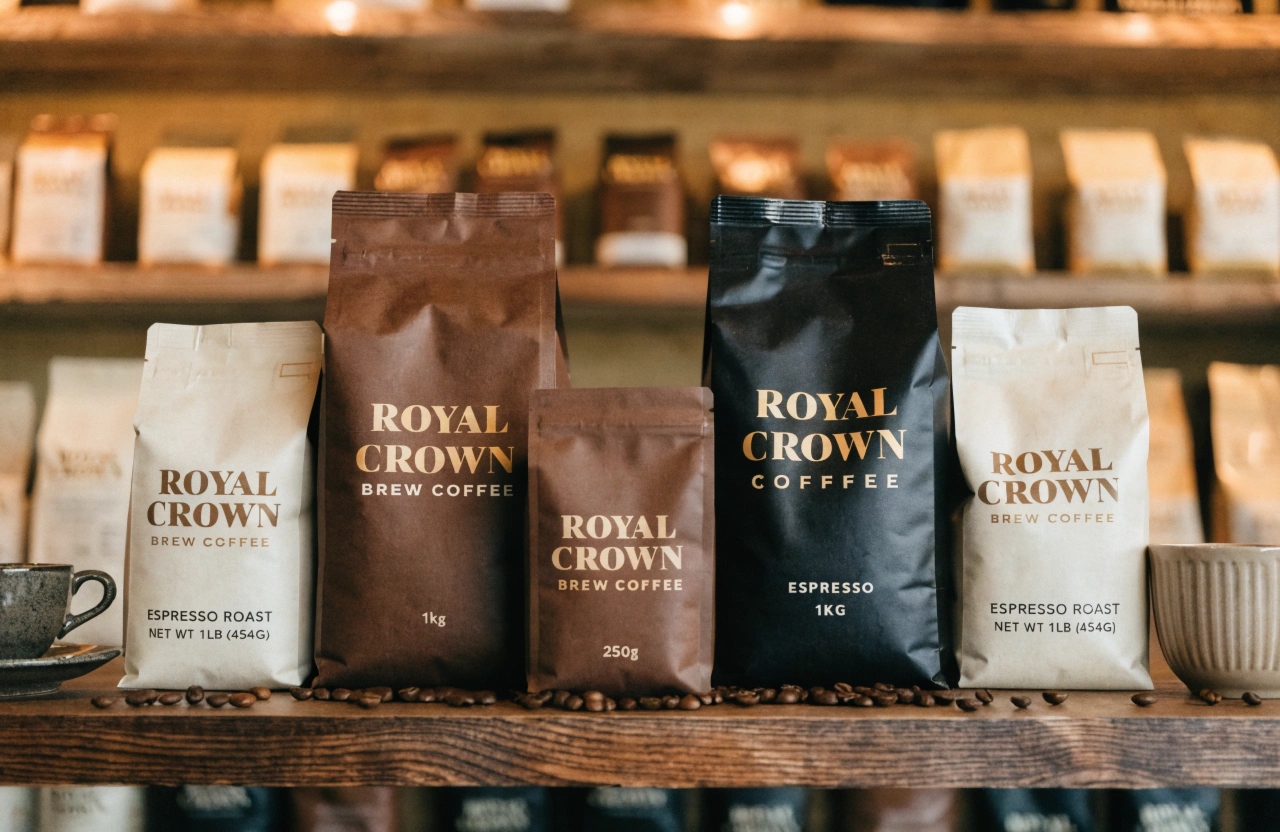 Assorted coffee packaging pouches displayed in multiple sizes on shelf