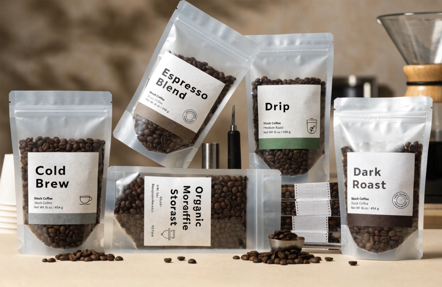 Frosted coffee pouches with window and custom labels for beans