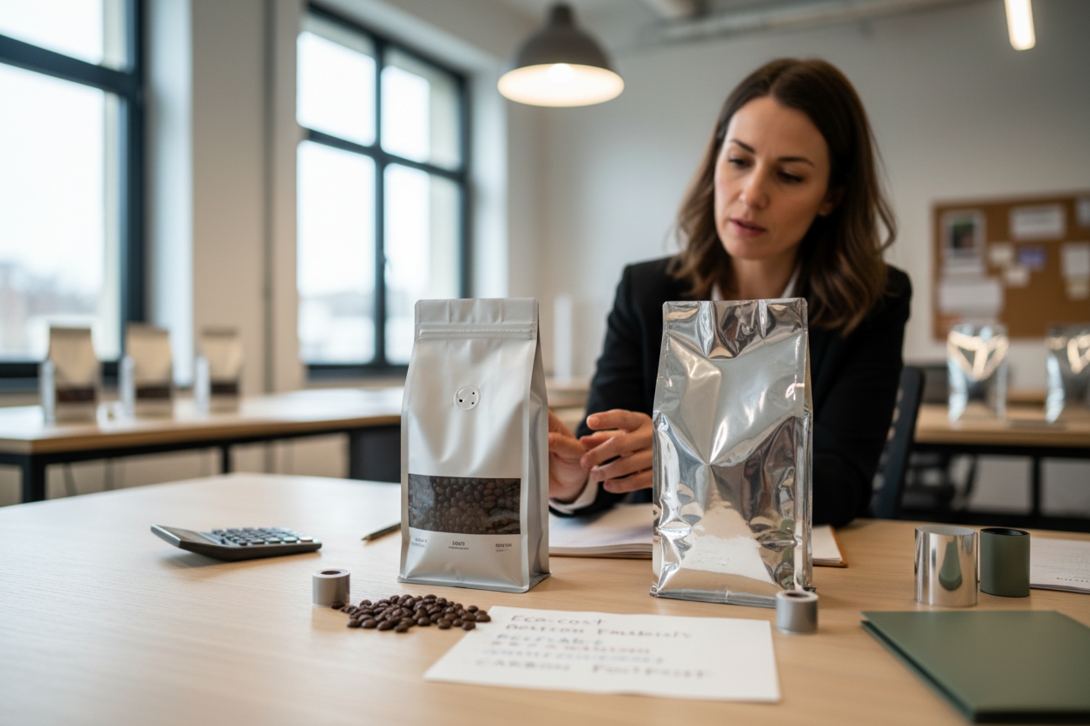 Buyer comparing silver coffee packaging pouches for material cost selection