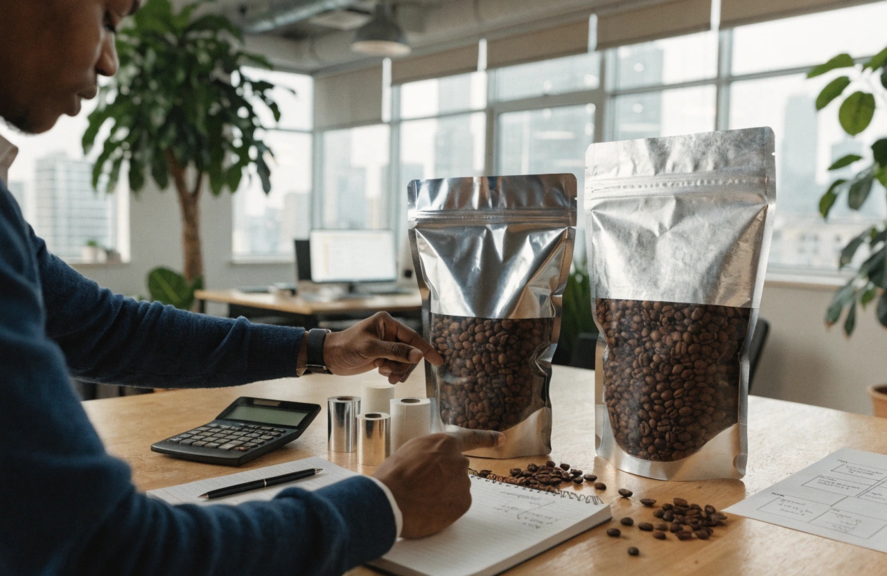 Buyer reviewing silver stand up coffee pouches with clear window