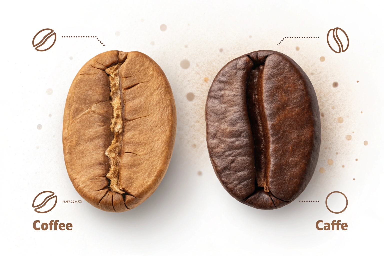 Light and dark roasted coffee beans shown in close-up comparison