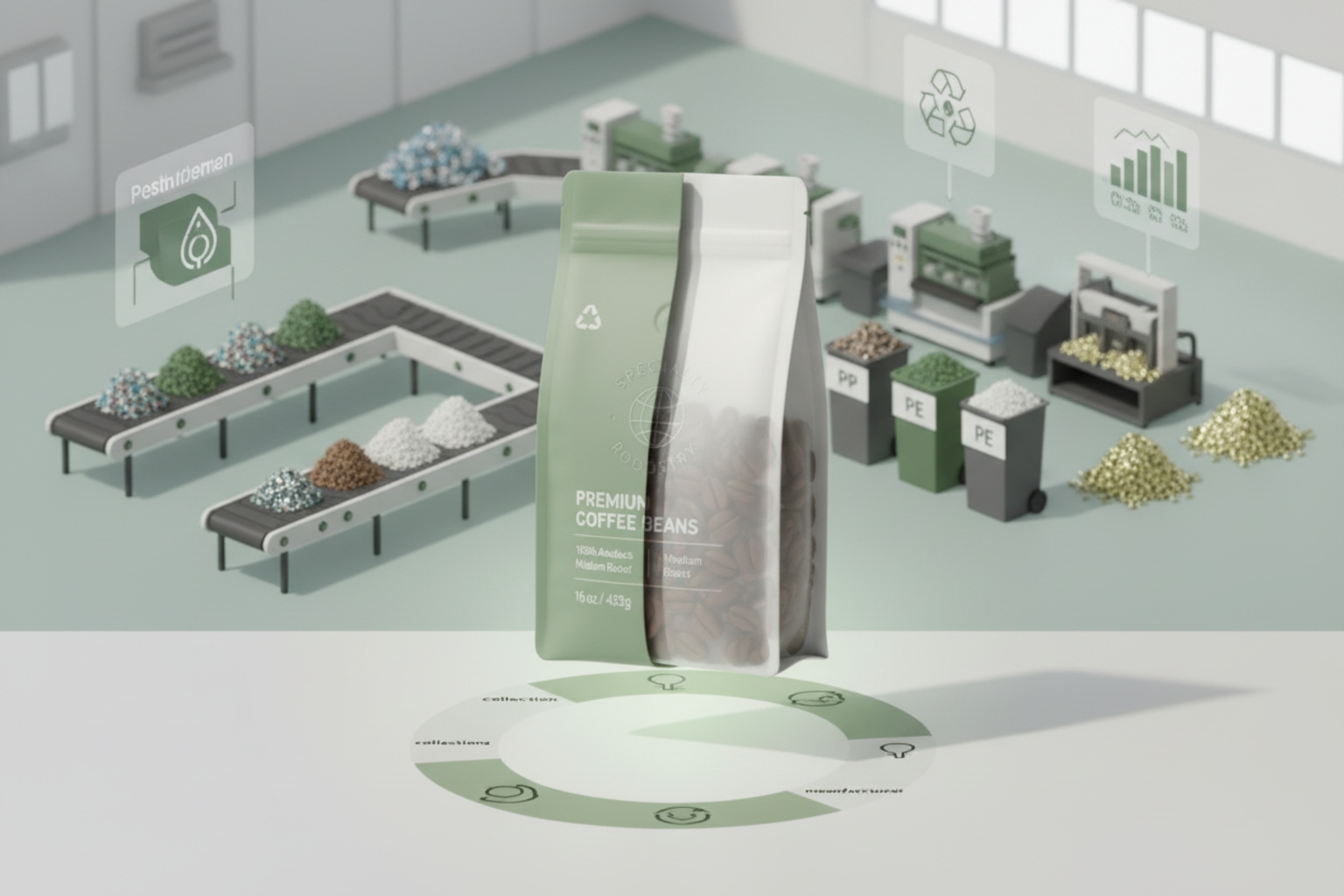 Recyclable coffee pouch with transparent window in sustainable packaging process