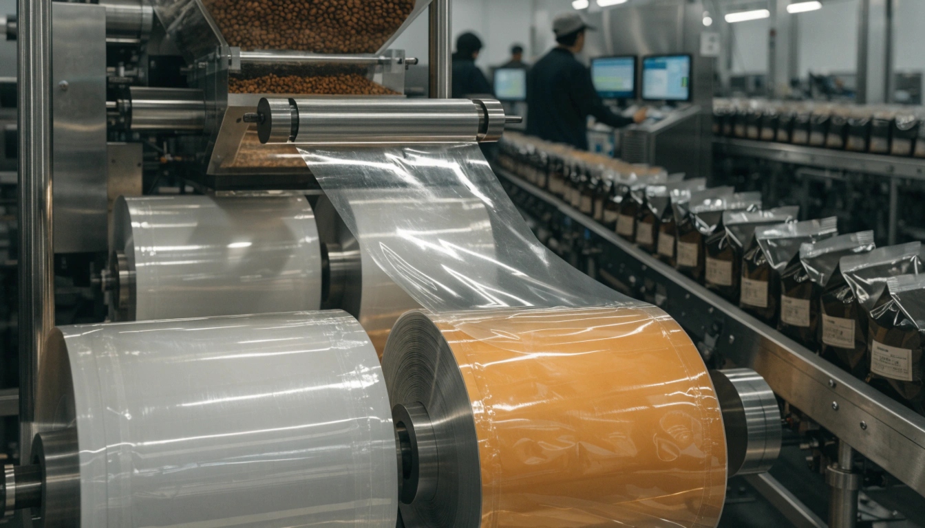 Automated coffee packaging production line with laminated film rolls