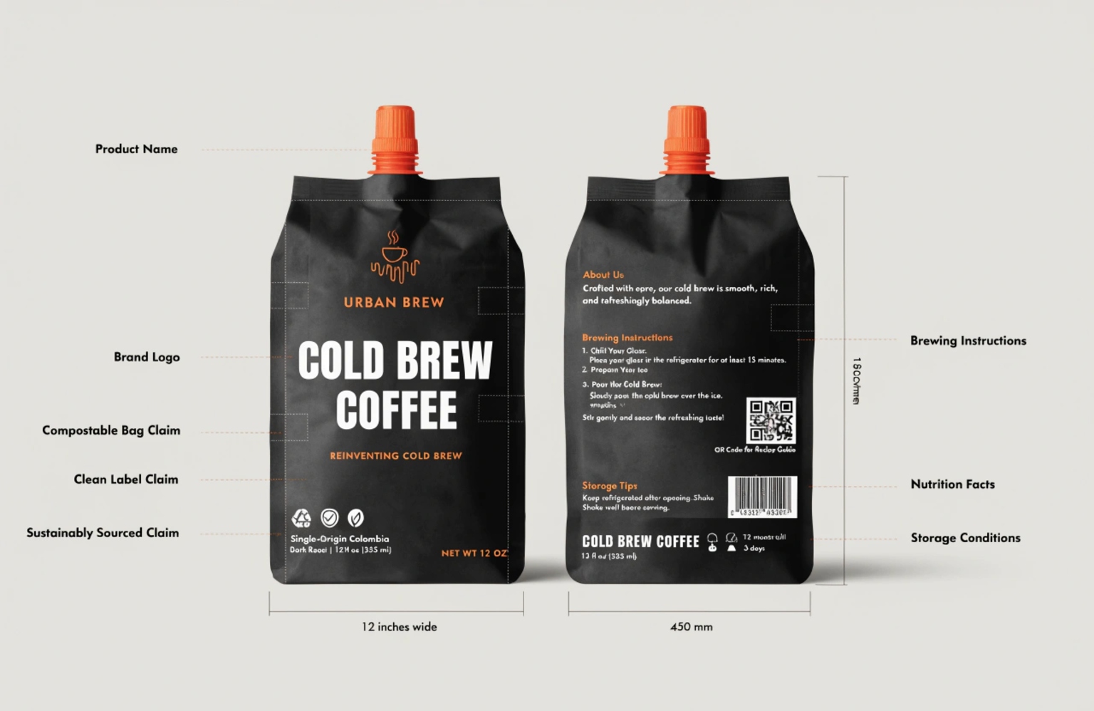 Front and back cold brew coffee spout pouch packaging design