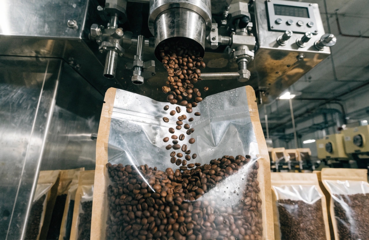 Coffee beans filling flat bottom pouch on automated packaging machine