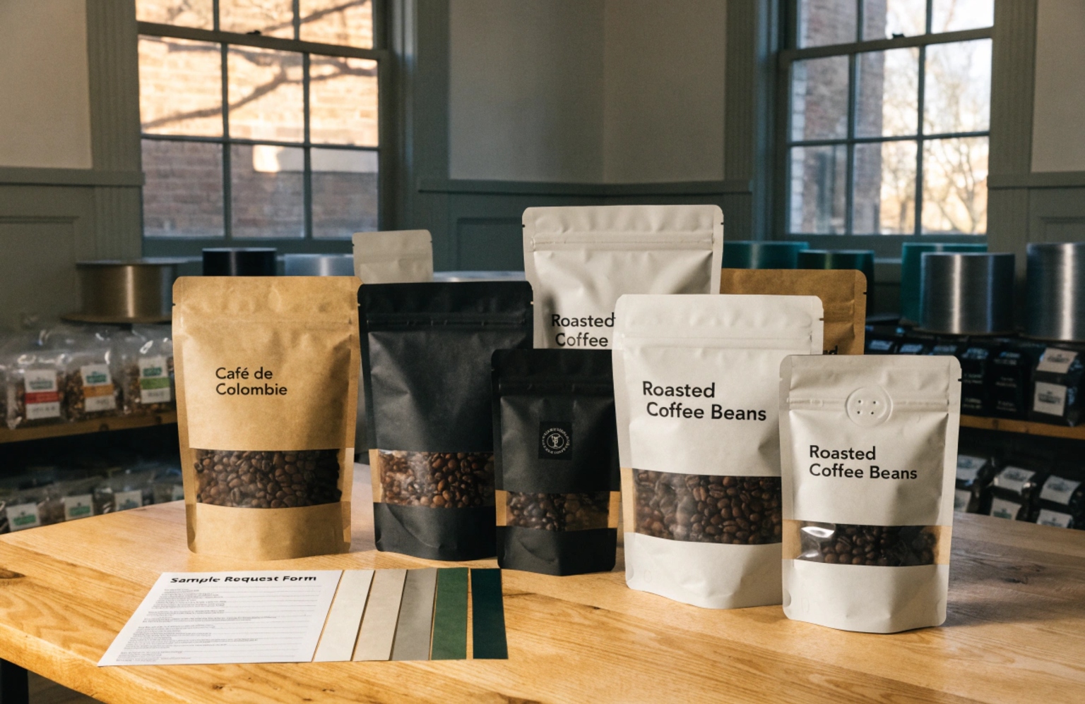 Coffee bean pouches with window displayed in custom packaging samples