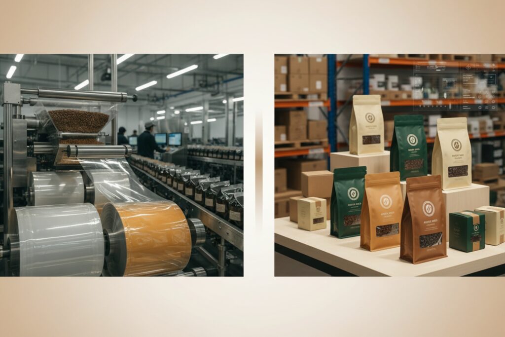 Custom coffee pouches displayed beside automated packaging film production