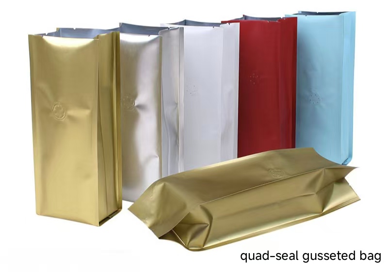 Quad seal gusseted coffee bags in multiple metallic color options