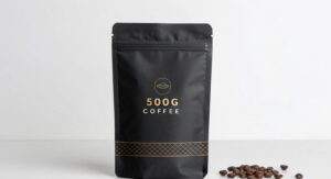 Black 500g coffee pouch with zipper closure and printed design