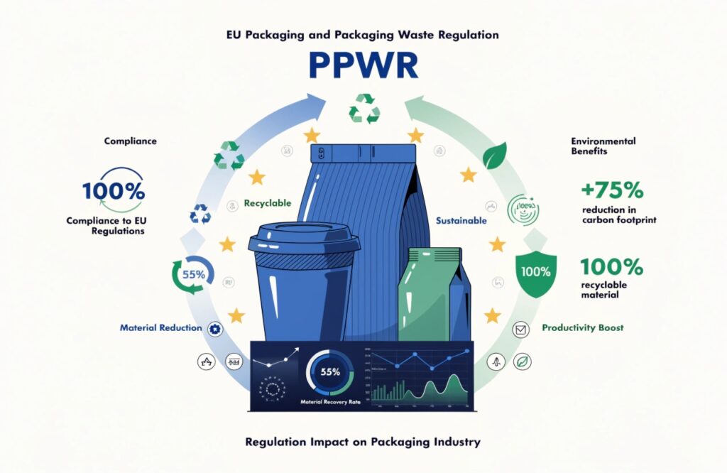 PPWR regulation infographic showing recyclable packaging sustainability compliance benefits