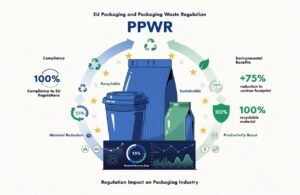 PPWR regulation infographic showing recyclable packaging sustainability compliance benefits