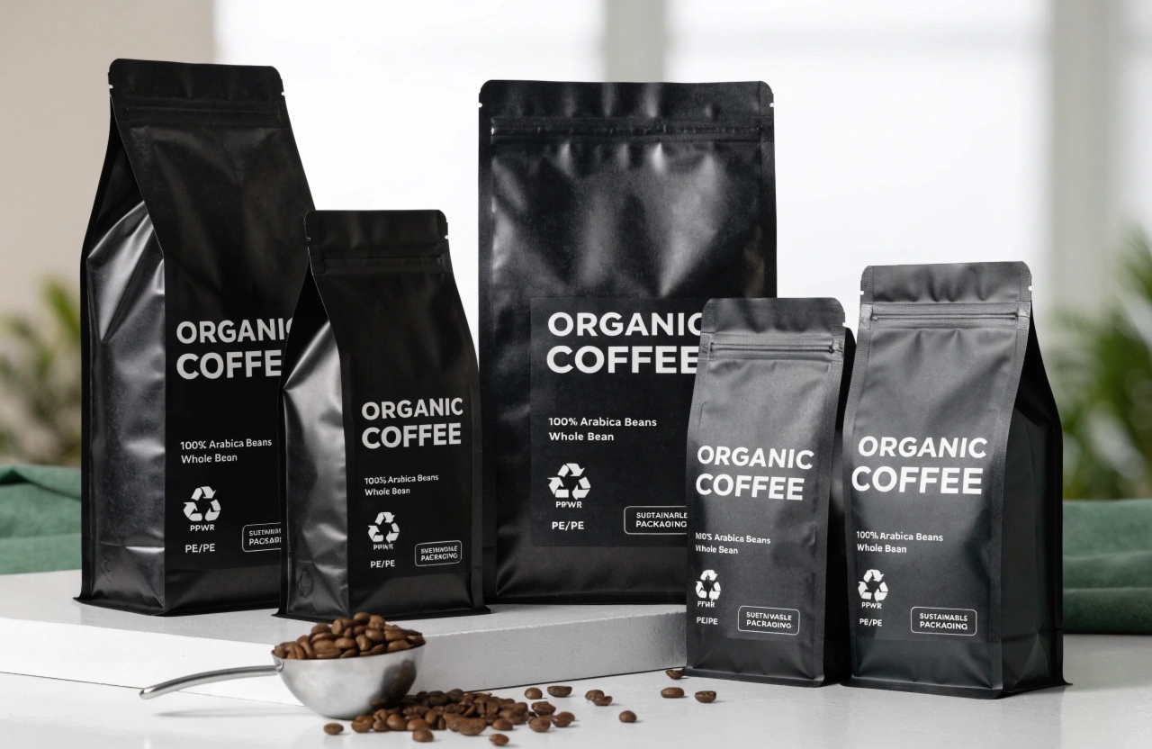 Sustainable organic coffee packaging pouches with recyclable flexible packaging