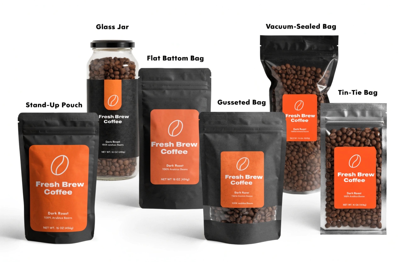 Comparison of coffee packaging types including stand-up and flat bottom bags