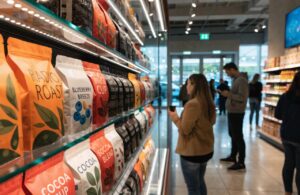 Custom stand-up pouch packaging displayed on retail store shelves