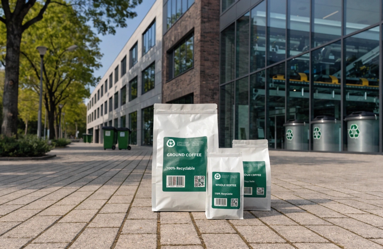 Recyclable coffee packaging pouches displayed outside sustainable industrial facility