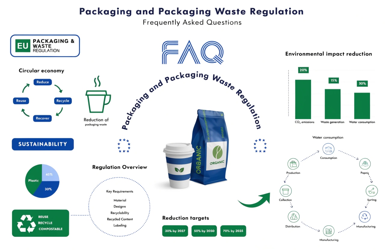 EU packaging waste regulation FAQ infographic for sustainable packaging