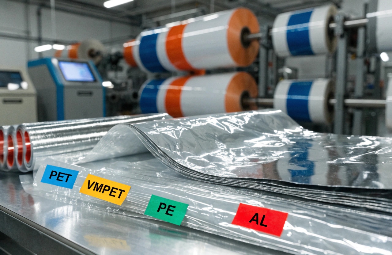 Multi layer laminated packaging film materials including PET VMPET PE and aluminum