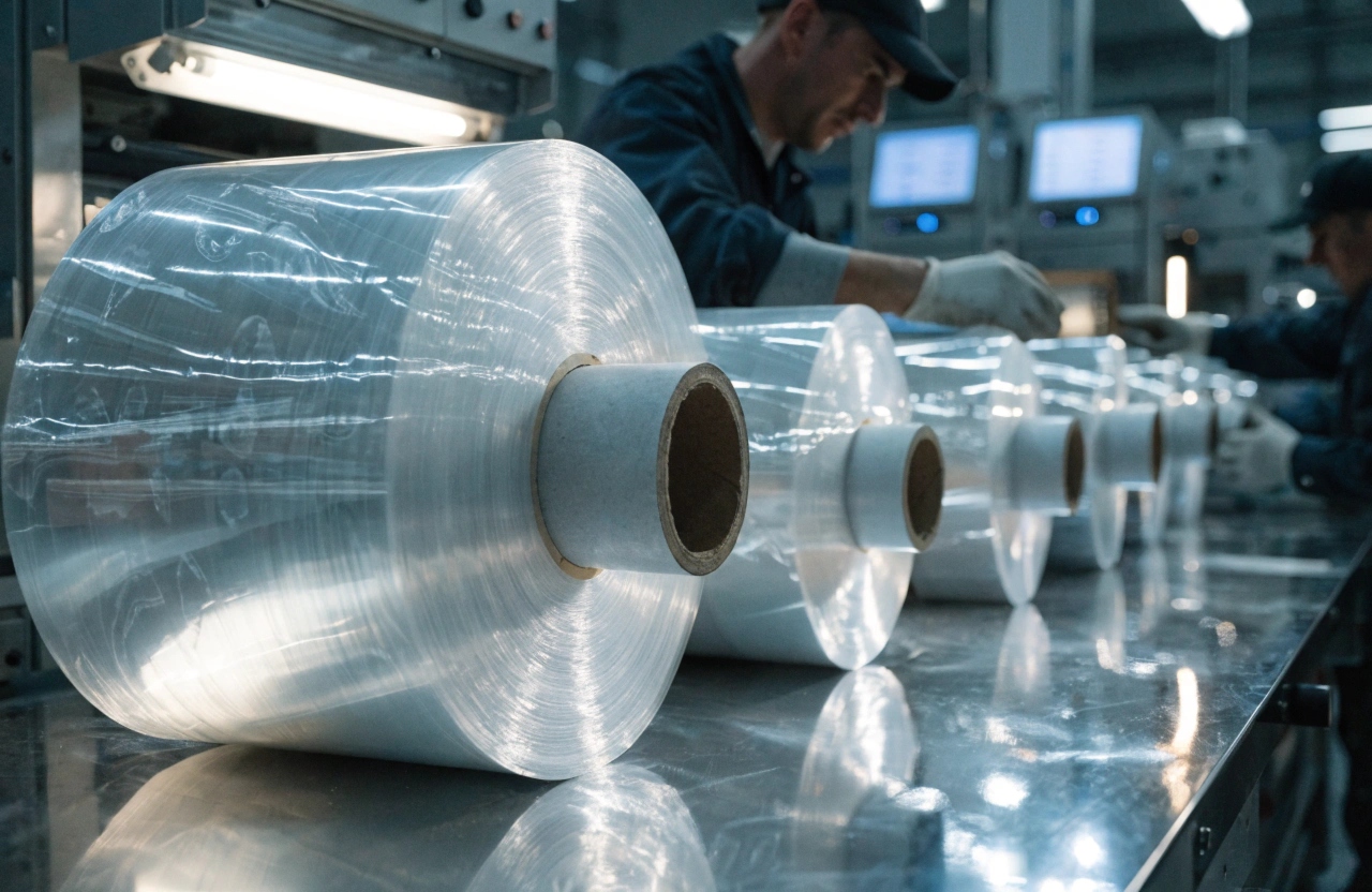 Transparent plastic film rolls in flexible packaging manufacturing production line