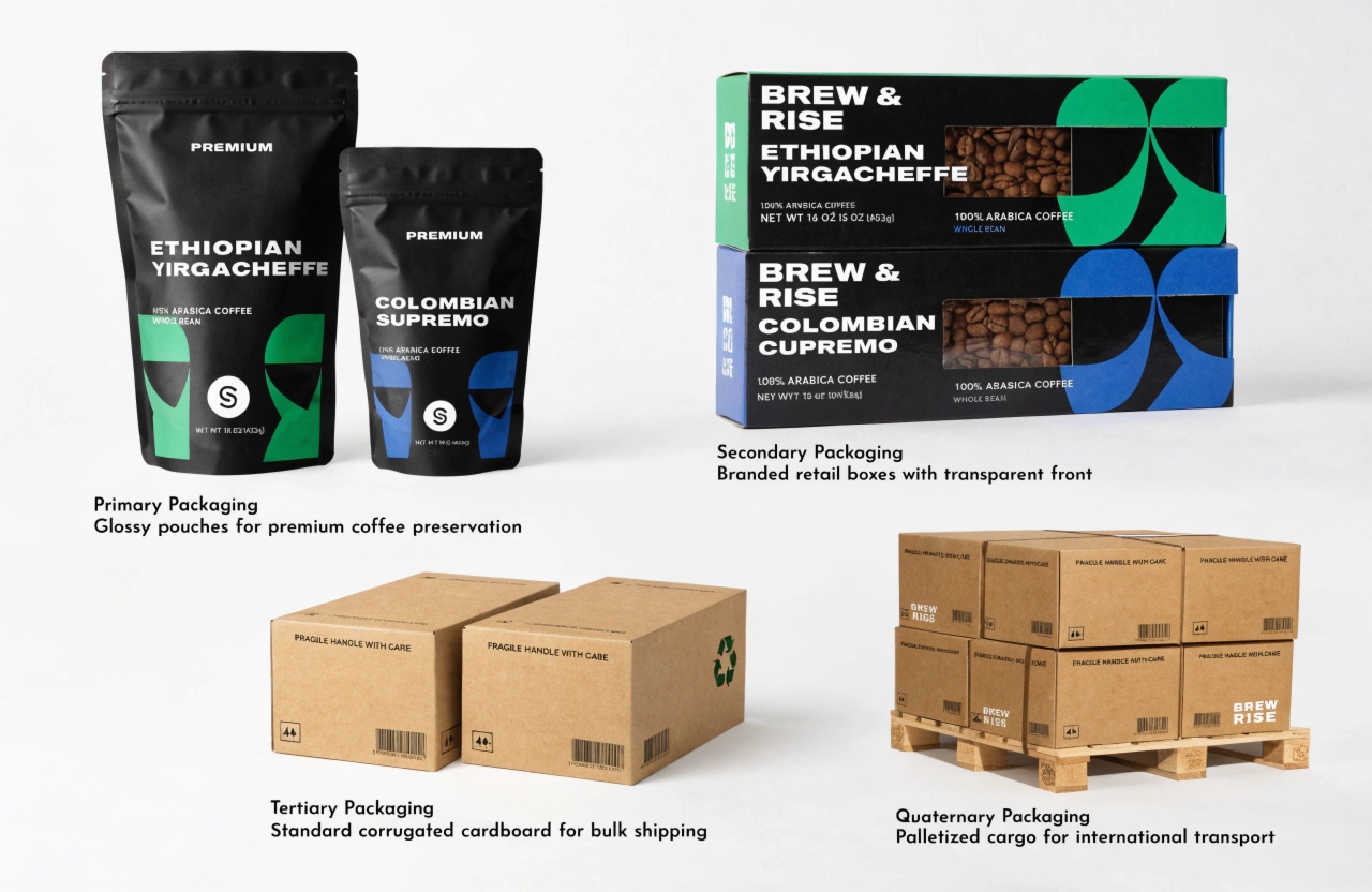 Coffee packaging levels from primary pouches to palletized shipping