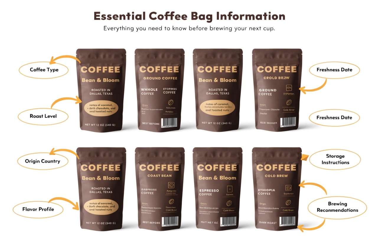 Essential coffee bag information guide showing roast level, origin, flavor profile, and storage details.