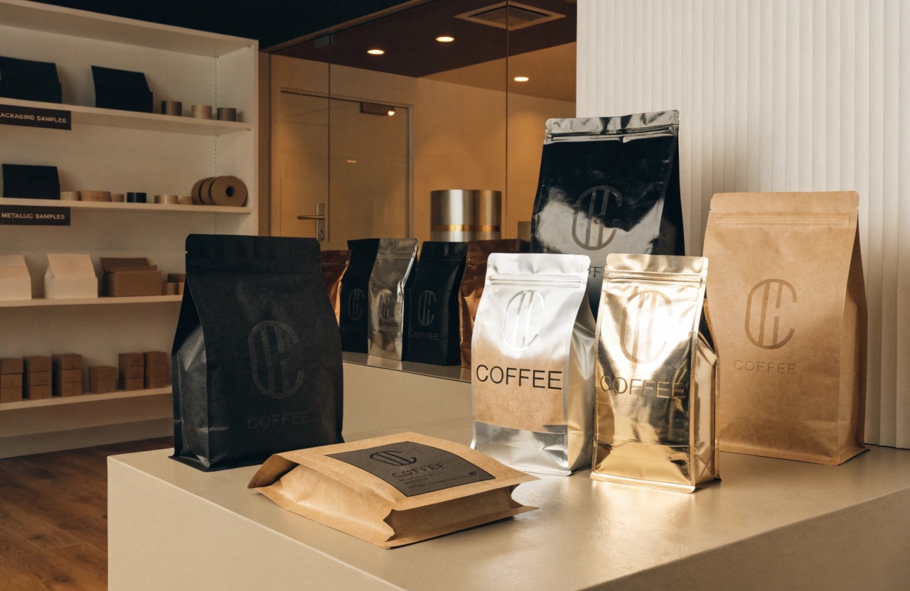 Custom coffee packaging bags in kraft, foil, and matte finishes display options for premium coffee brands