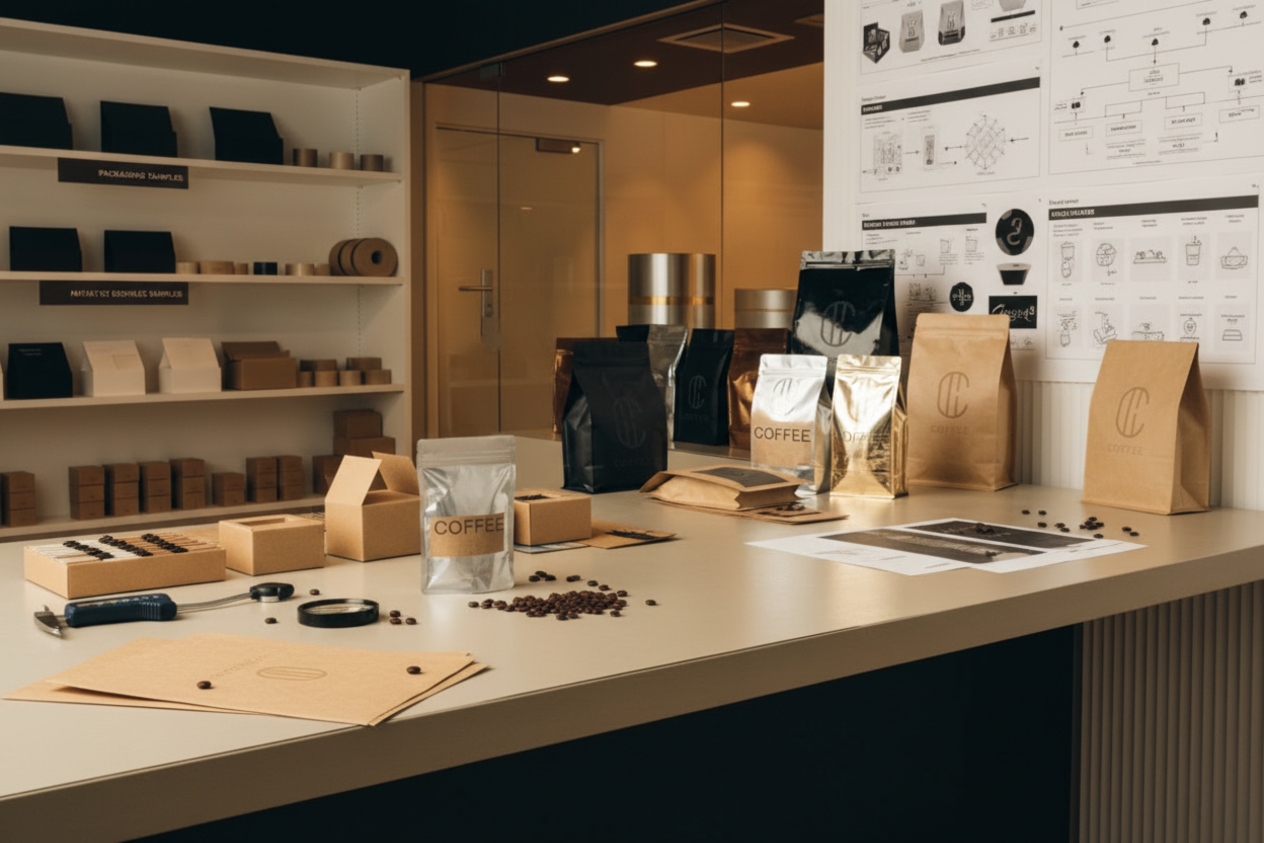Coffee packaging design workspace with custom pouches, boxes, and branding prototypes displayed on table.