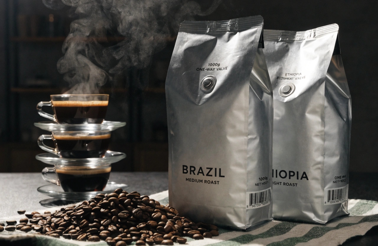Foil coffee bags with one-way valves preserving freshness and aroma.