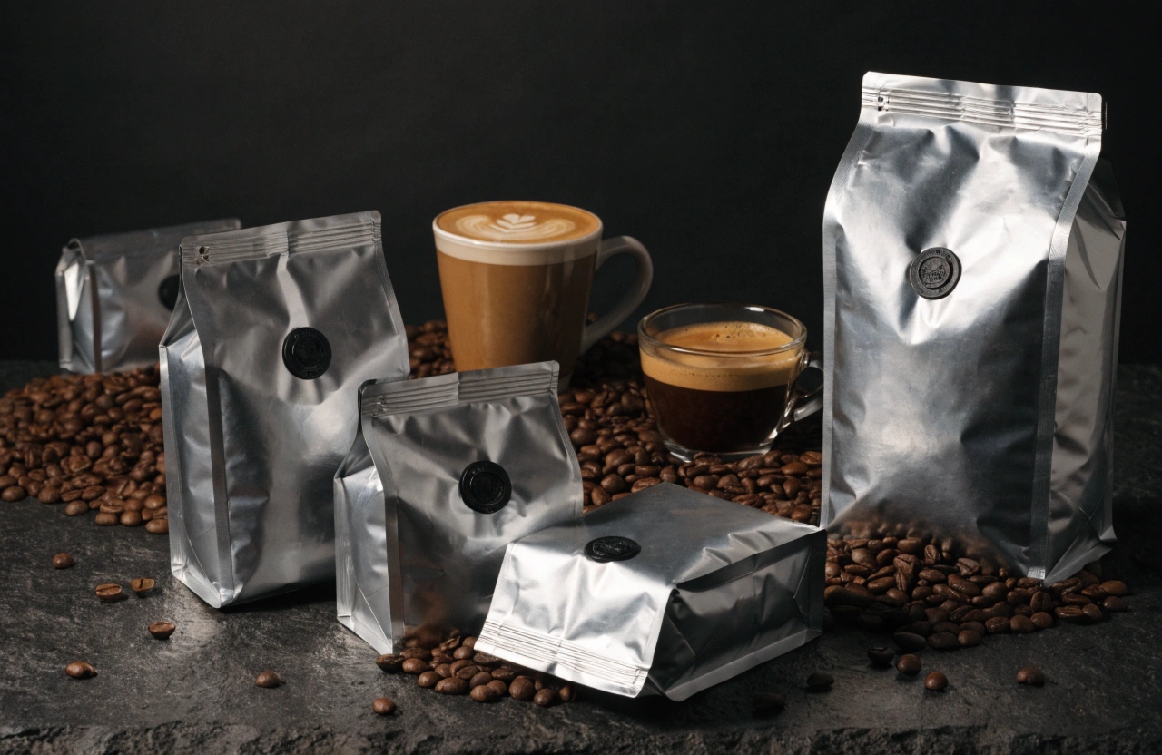 Silver foil coffee bags with degassing valves beside roasted coffee beans.