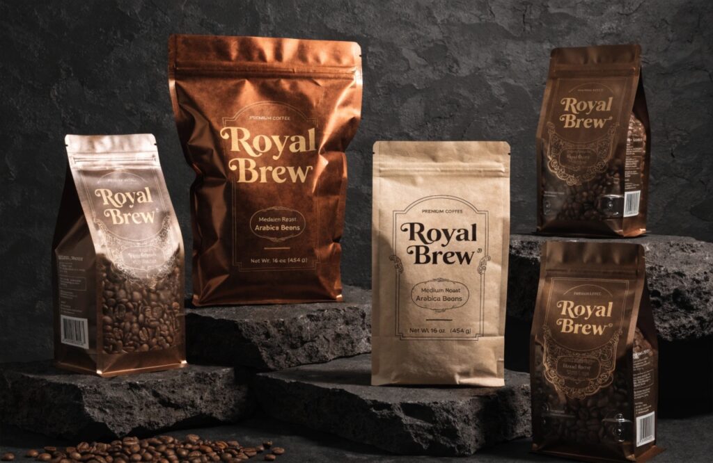 Custom coffee packaging bags with matte, kraft, and transparent window finishes.