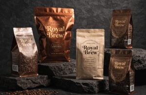 Custom coffee packaging bags with matte, kraft, and transparent window finishes.