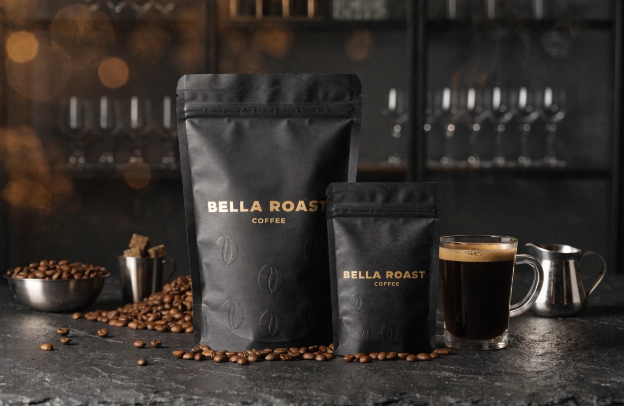 Matte black coffee stand-up pouches with custom branding and coffee beans.